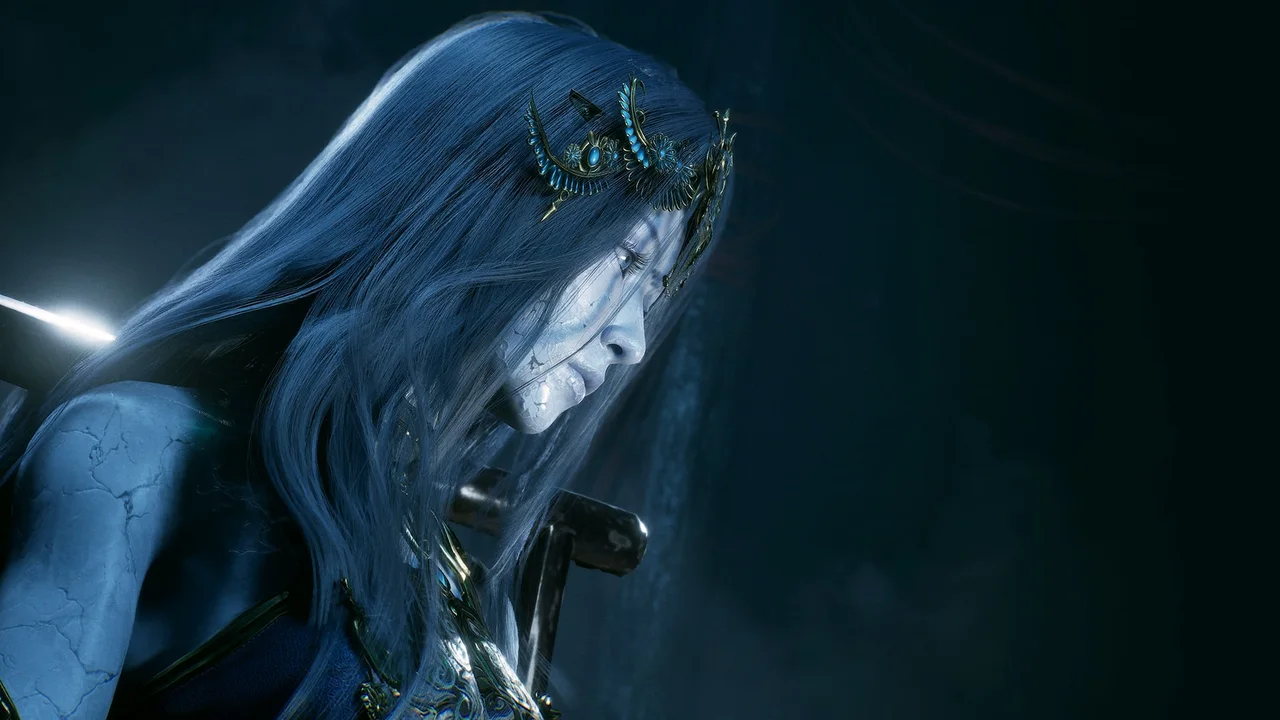Phantom Blade Zero — A veiled character under cool blue lighting.
