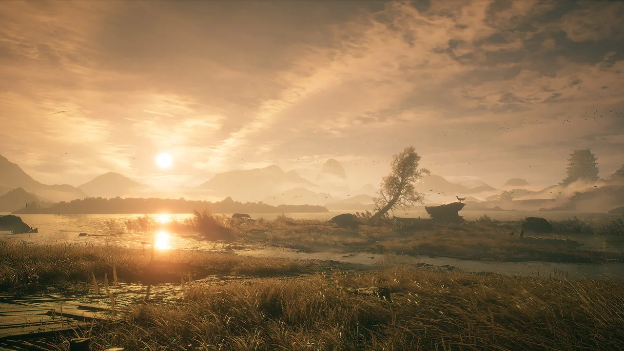 Phantom Blade Zero — A golden sunset over water and distant mountains.